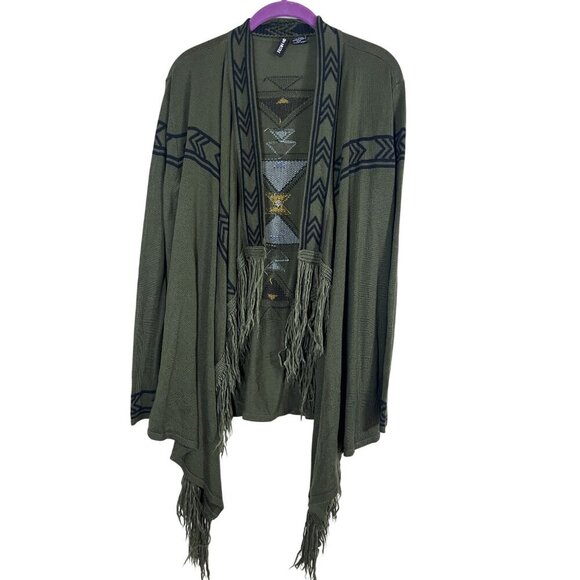 Kristin Nicole Sweater Women M Green Cardigan Fringe Boho Chevron Western Aztec - Picture 5 of 11